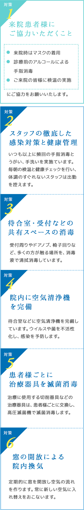 対策1 来院患者様にご協力いただくこと。対策2 スタッフの徹底した感染対策と健康管理。対策3 スタッフの徹底した感染対策と健康管理。対策4 口腔外バキューム。対策5 患者様ごとに治療器具を滅菌消毒。対策6 患者様ごとに治療器具を滅菌消毒。